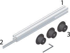 Montage der Laufrolle mit 1 - Aluprofil, 2 - Schiene zur Befstigung der Laufrollen, 3 - Laufen mit Inbus-Befestigung