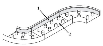 Anwendungsbeispiel mit Prallschutzleiste (1) an einem Förderband (2)