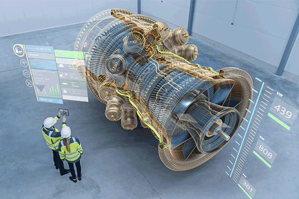 Zwei Menschen visualisieren über ihr Tablet den virtuellen Prototypen eines Maschinenbauteils.